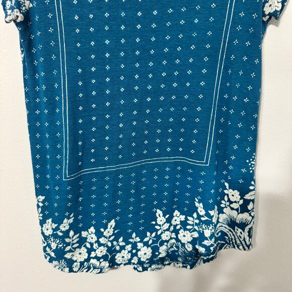 Lucky Brand Women's Top Small Blue Boho Linen Floral Print Short Sleeve Hippie - Picture 6 of 10